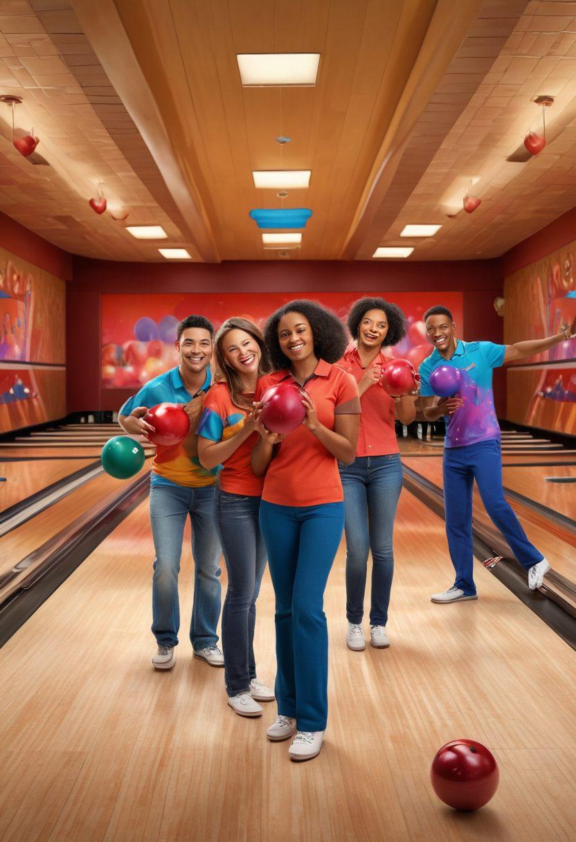A heartwarming scene of diverse bowlers, showcasing their passionate connection to the game, with vibrant strikes of color representing love and excitement. Include a backdrop of a bustling bowling alley filled with cheering friends and family, along with themed bowling balls adorned with hearts. Emphasize the joyful expressions and camaraderie among the bowlers as they celebrate together. super-realistic. vibrant colors. dynamic composition.