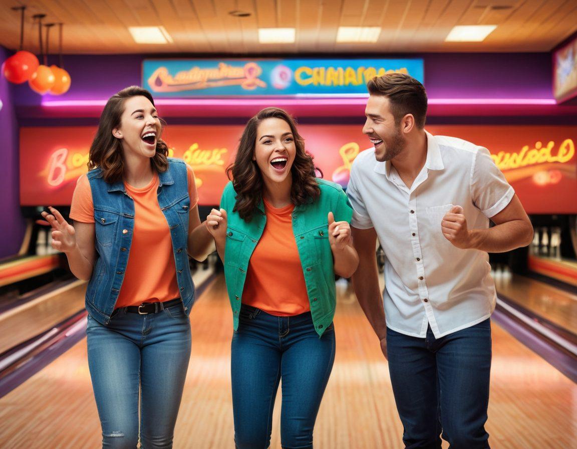 A joyful, diverse group of friends sharing laughter and high-fives as they bowl together in a colorful bowling alley, showcasing their teamwork and camaraderie. The background features neon lights and a vintage scoreboard, while bowling pins are scattered in the foreground. Emphasize the warmth of their connections, with expressions of encouragement and love. vibrant colors. super-realistic.