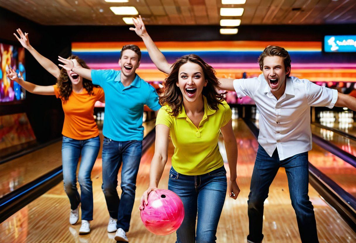 A lively bowling alley scene featuring a diverse group of friends joyfully rolling bowling balls and cheering for each other. The image captures the vibrant atmosphere with colorful bowling pins, neon lights reflecting off shiny lanes, and expressions of excitement and camaraderie. Show a variety of bowling styles, including a classic swing and a fun creative throw. Super-realistic, vibrant colors, dynamic composition.